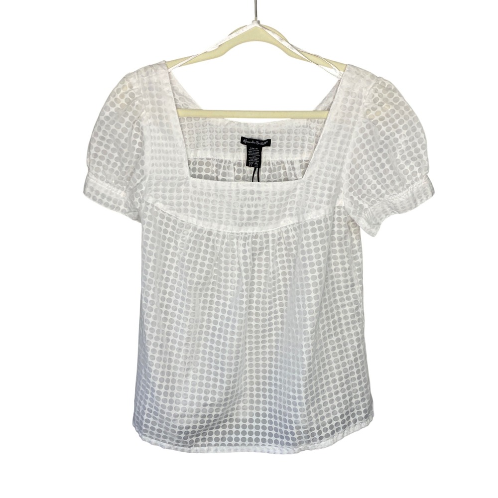 Alexandra Bartlett White Cotton Polka Dot Square Neck Puff Sleeve Blouse Size M‎